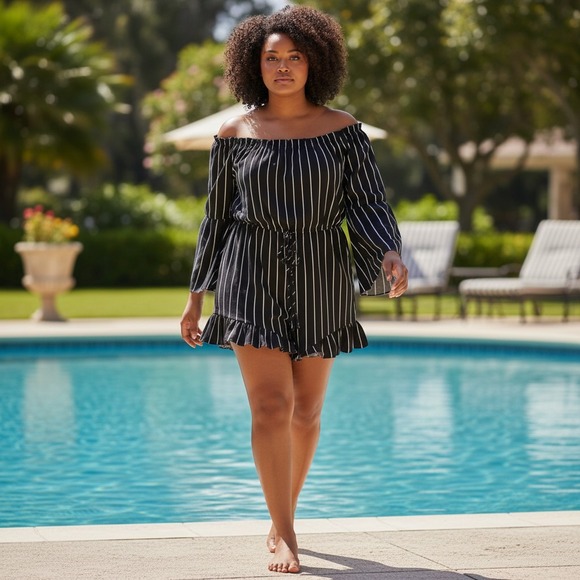 SHEIN Pants - Womens Black White Striped Off Shoulder Romper Bell Sleeve Ruffle Hem XL‎